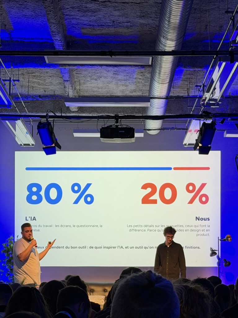 Slide « 80 % l'IA, 20 % nous » : l'IA fait le gros du travail, l'équipe les détails qui font la différence